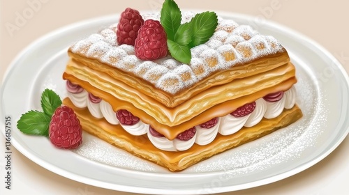 Delicious raspberry mille-feuille dessert gourmet kitchen food photography elegant setting close-up culinary delight