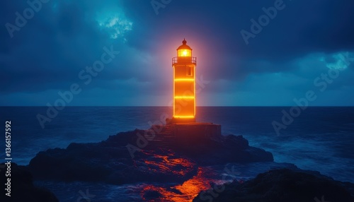 Dramatic Night Sea Landscape with Glowing Orange Lighthouse on Rocky Outcrop Under a Cloudy Dark Blue Sky Serving as a Beacon of Light and Safety