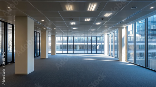Empty office space for rent commercial real estate with large windows and modern interior design layout