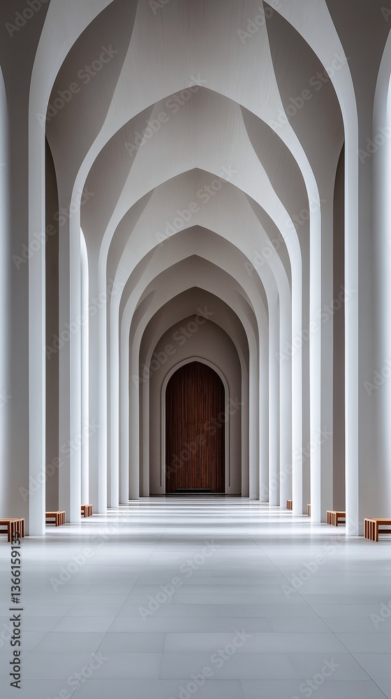 Fototapeta premium Architectural archway hall with wooden door and white column structure