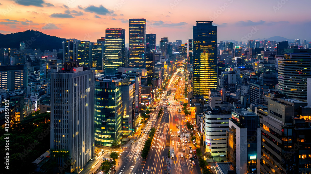 Obraz premium Vibrant Seoul City Skyline At Dusk