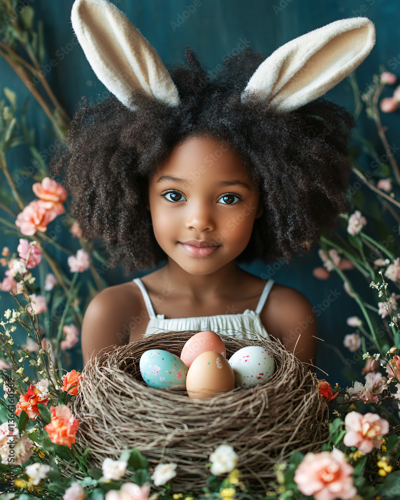 Black little girl with bunny ears and Easter eggs Black little girl with bunny ears and Easter eggs