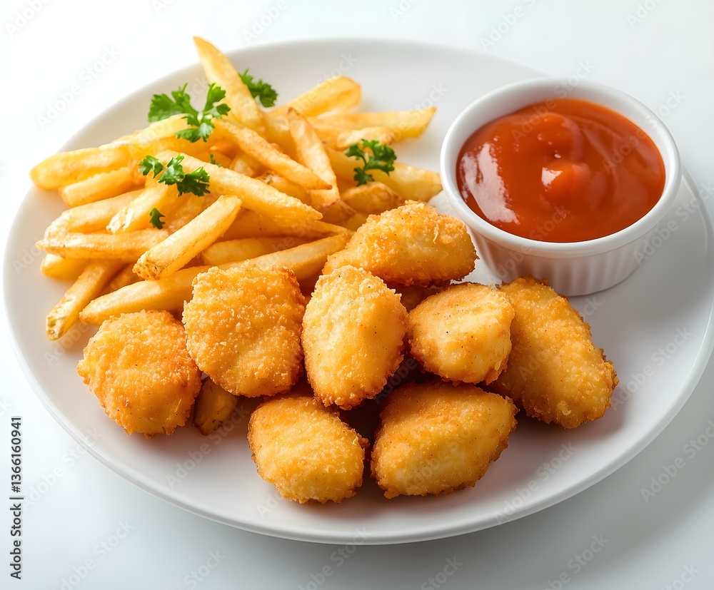Crispy chicken nuggets served with golden fries and dipping sauce for a satisfying meal experience