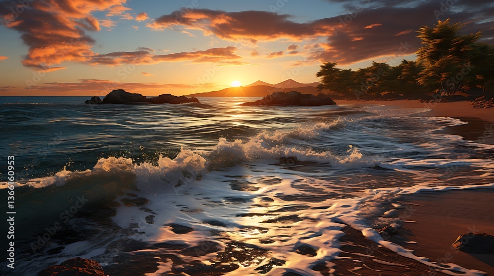 Naklejka premium Sunset Paradise: Serene Beachscape at Golden Hour