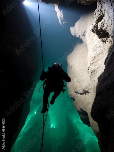 A speleologist descends on cables into a deep cave, the contrast between light and darkness
