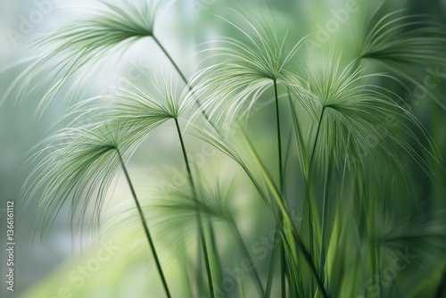 Delicate green grasses sway gently in the soft morning light near a tranquil water source