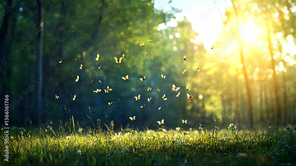 Fototapeta premium Bees Flying In Sunny Forest Meadow