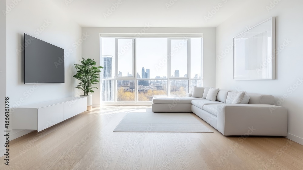 Fototapeta premium Modern, bright living room with city views