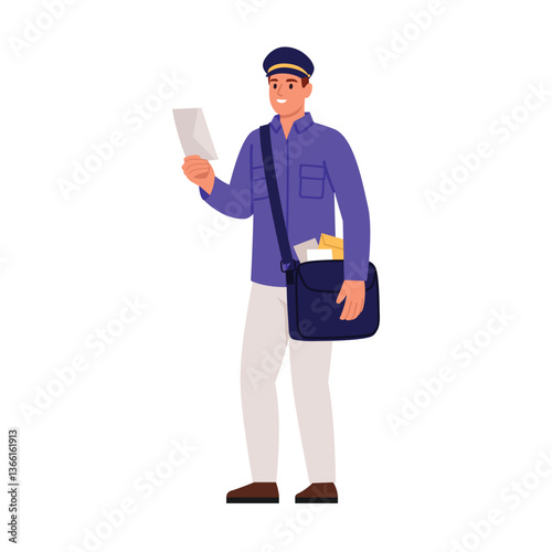 Vector illustration of a male postman. Cartoon scene of a smiling man in a cap, shirt, with a bag full of paper letters, isolated on a white background. Delivers letters, correspondent to addressees.