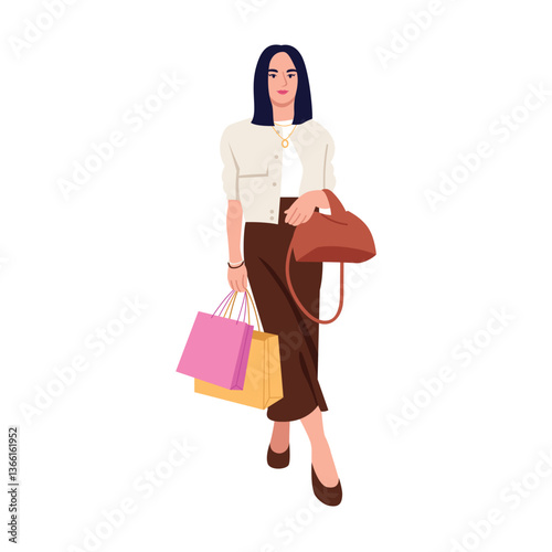 Vector illustration of a fashionable girl with shoppings. Cartoon scene of a girl with a bob hairstyle, dressed in a long skirt, short sweater, jewelry,holding packages,isolated on a white backgrou