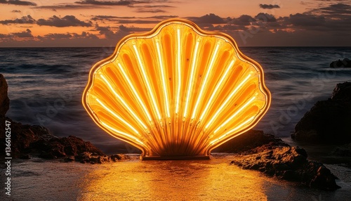 Illuminated Seashell Sculpture on Beach at Sunset with Golden Light Reflections on the Water and Rocky Coastline in Tropical Setting