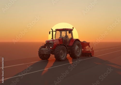 Red tractor with seeder on asphalt road at sunset. Cultivation machinery for farming, agriculture industry concepts and rural lifestyle for farm production.