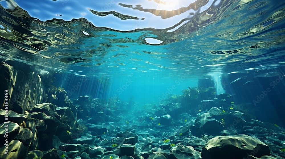 Fototapeta premium Underwater Serenity: Sunlit Rocks and Crystal Clear Water