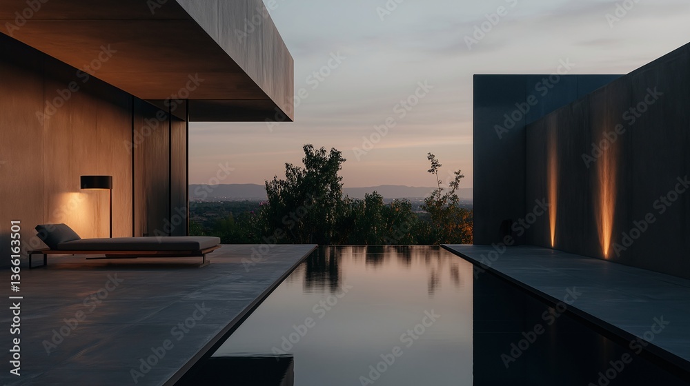 Modern home with pool overlooking landscape at sunset with minimalist design. Modern home with pool overlooking landscape at sunset with minimalist design.