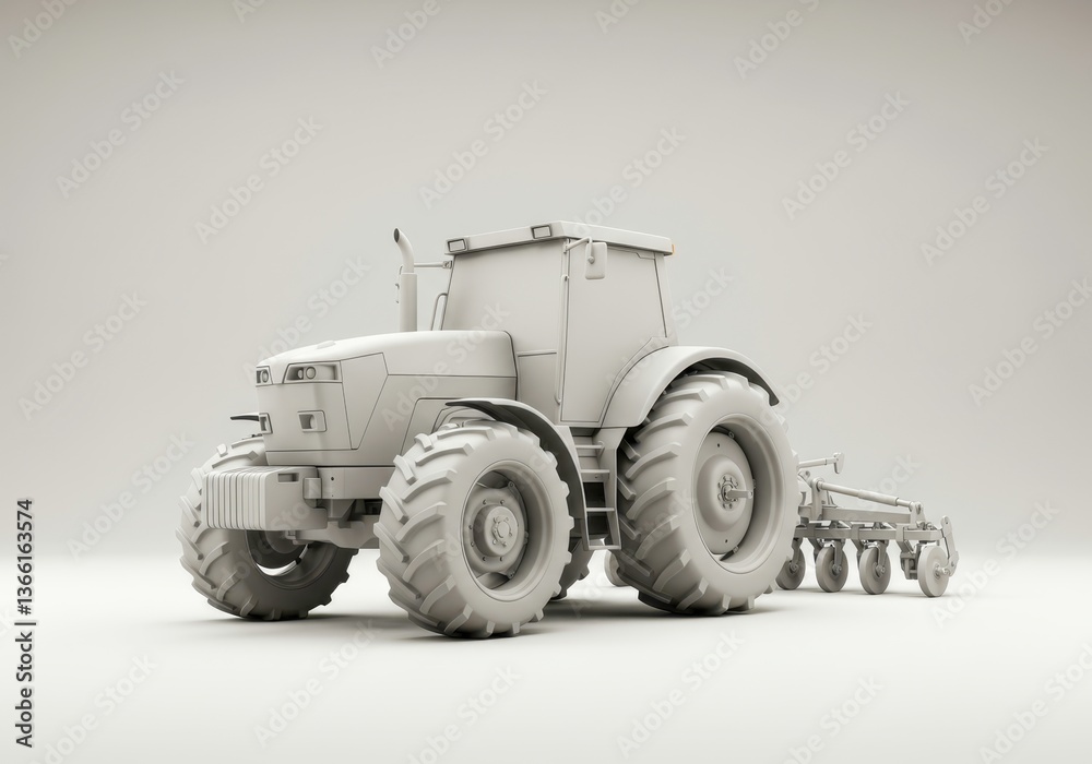 Obraz premium Agricultural tractor with cultivator attachment for soil preparation, cultivating, farming business, agriculture industry, machinery, harvest season and rural lifestyle