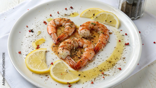 Shrimp with spices, on a white background, in a white plate