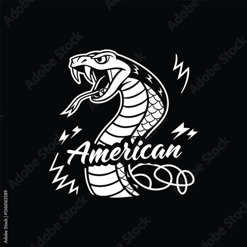 The t-shirt design features a fierce, coiled cobra in black and white