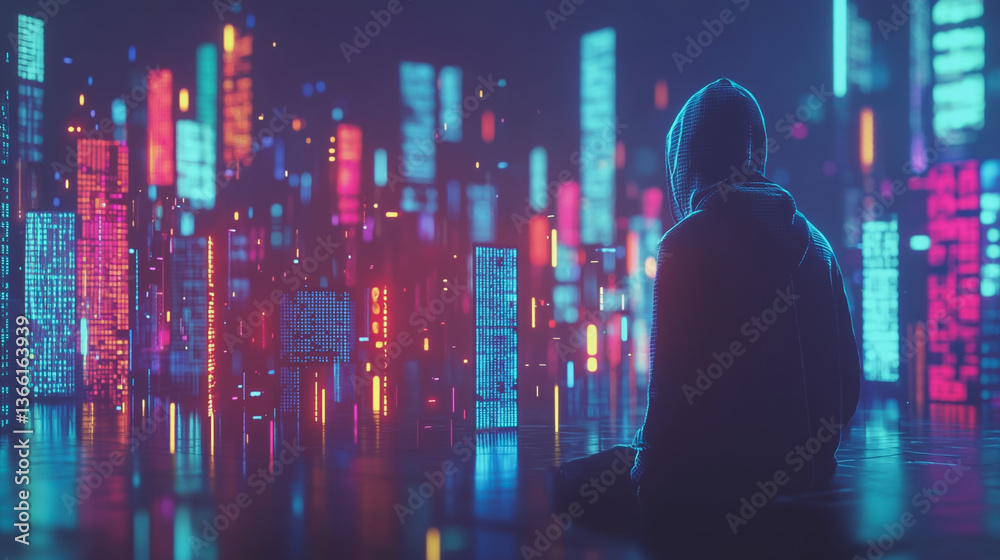 Fototapeta premium Hackers are planning to hack and attack Zeroday networks and cyber security systems in Smart digital city with Data center on cloud cyber security and Blue Binary Data Software Programming Code