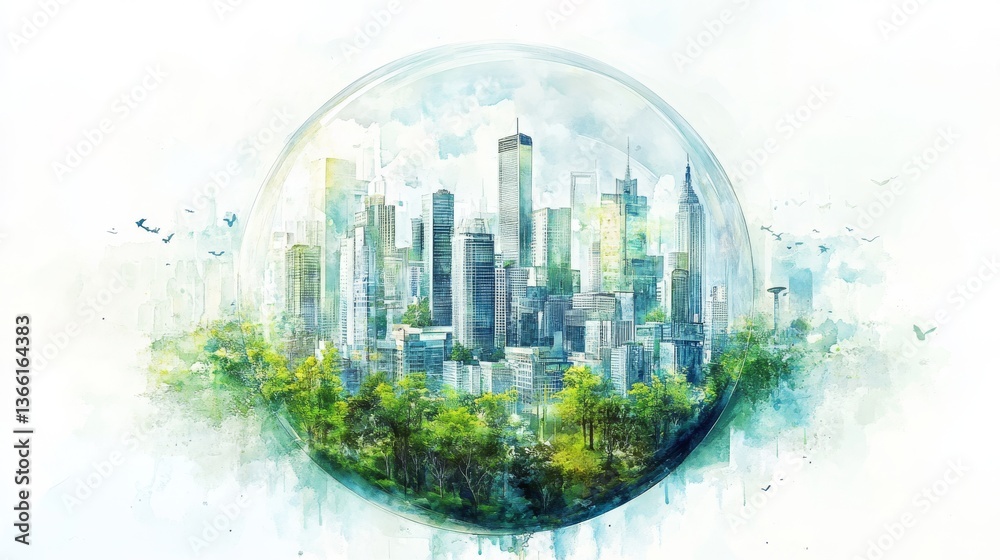 Fototapeta premium Watercolor Urban Greenery in a Bubble Surrounded by Futuristic Cityscape