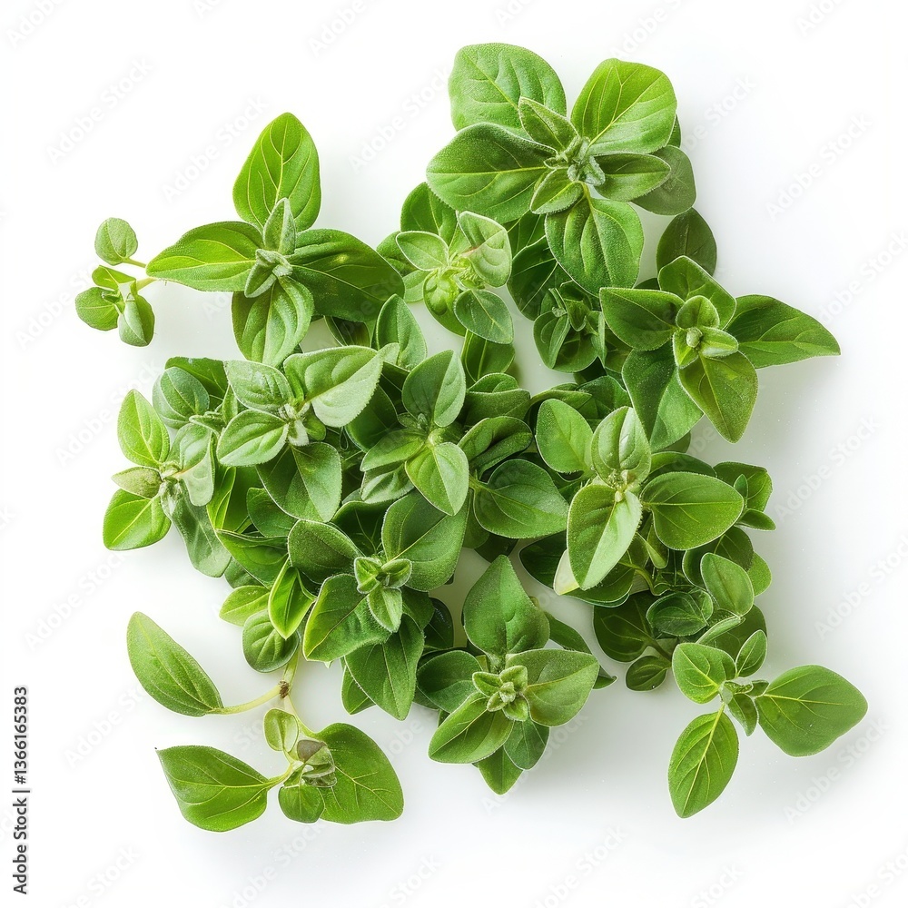 Fresh oregano sprigs on a white background in overhead view, symbolizing natural flavor and wellness. Perfect for culinary photography, organic cooking, and herbal nutrition themes. Fresh oregano sprigs on a white background in overhead view, symbolizing natural flavor and wellness. Perfect for culinary photography, organic cooking, and herbal nutrition themes.