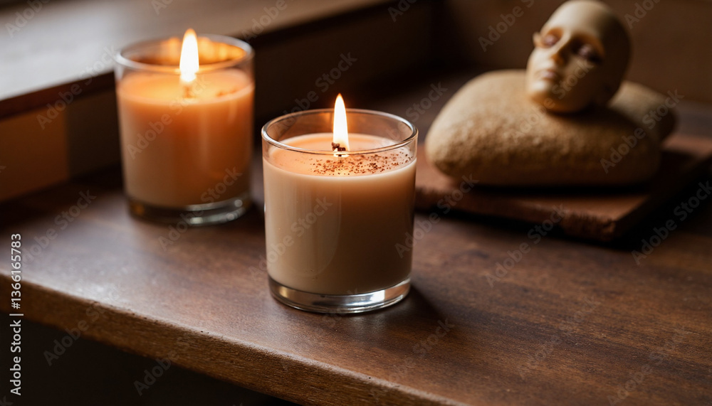 Candles glowing warmly beside a stone figure on a wooden surface Candles glowing warmly beside a stone figure on a wooden surface