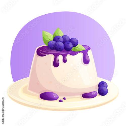 Panna cotta with blueberries on a plate. The concept of a pastry shop, cakes and a traditional Italian dessert. Isolated vector illustration for the design of postcards and posters.