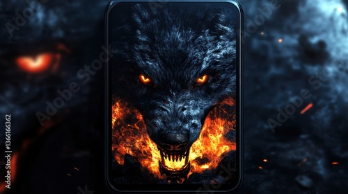 Fiery wolf phone wallpaper, dark background, fantasy art