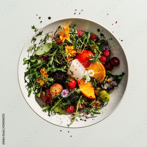 Vibrant salad creation under bright sunlight outdoor food photography fresh ingredients medium shot culinary delight