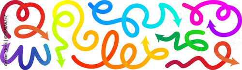 Arrow gradation, squiggly gradient vector line set. Curved carnival change icon. Rise pattern, doodle shape brush element. 3d dynamic multi colored curly loop spiral strokes. Abstract twirl bold paint