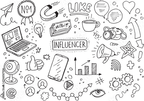 Influencer doodles, hand drawn vector set on white background