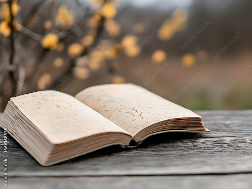 Obraz premium An open book rests on a rustic wooden surface, its creamy pages filled with faint sketches. A blurred autumnal backdrop of yellow leaves adds a touch of seasonal charm