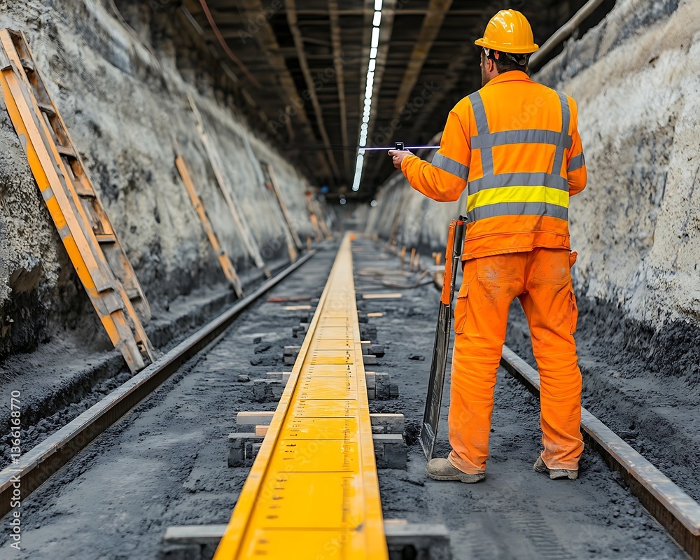 Construction worker measuring rail tracks in a long underground tunnel Construction worker measuring rail tracks in a long underground tunnel