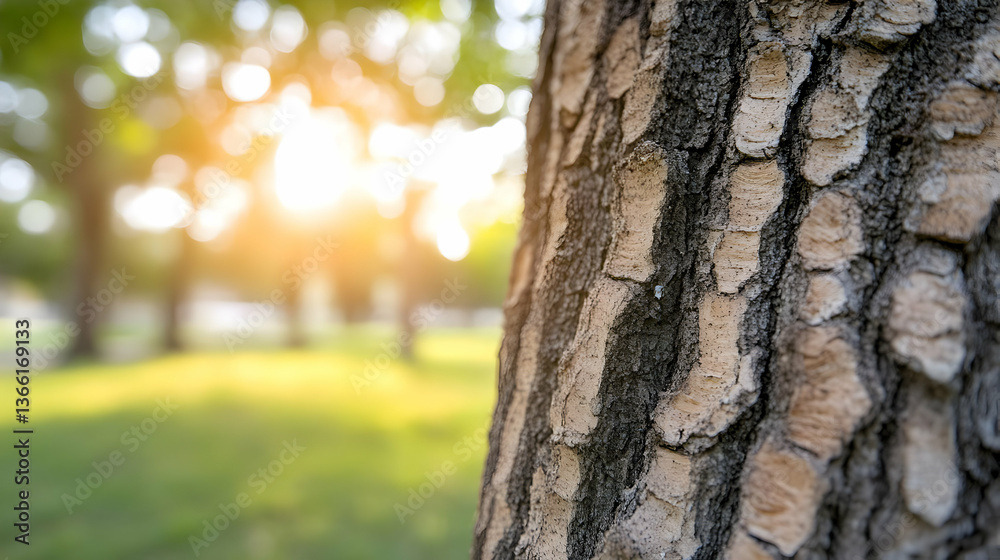 Obraz premium Close-up of tree bark texture, sunlight filtering through blurred background of park greenery. Warm, natural light illuminates scene