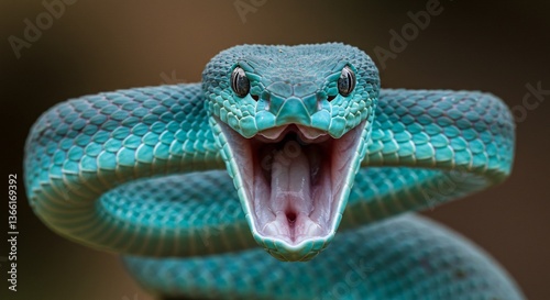 A vibrant blue snake is opening its mouth in a threatening display