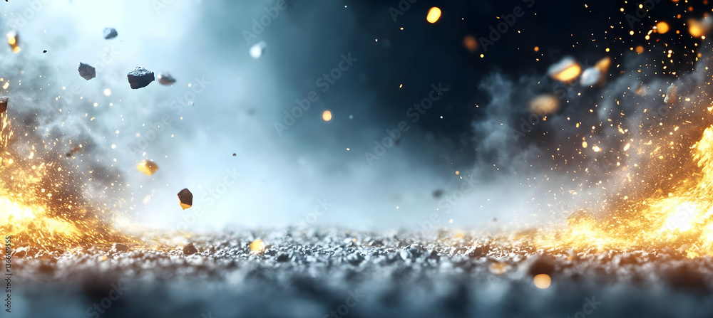 Fiery explosion on dark ground with debris and smoke. Intense light and dark contrast, showcasing powerful energy. Dramatic, chaotic scene