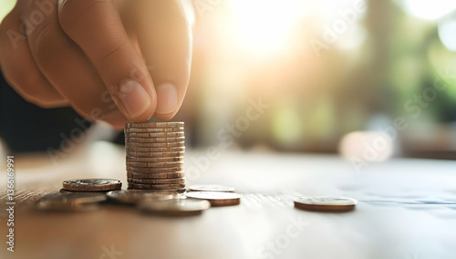 Hand adding coin to stack of coins on wooden table, representing savings, financial growth, or investment.  Sunlight creates warm, hopeful atmosphere