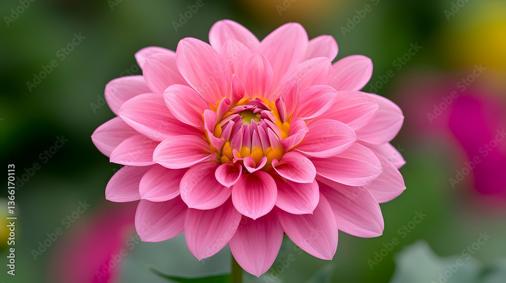 Fototapeta premium Close Up Of A Fully Bloomed Pink Dahlia Flower With Yellow Center And Detailed Petals In A Garden