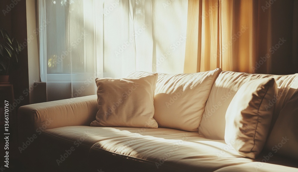 Fototapeta premium Sunlight Illuminates Beige Couch with White Pillows in a Room