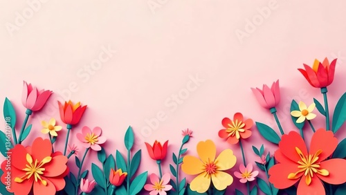Spring flowers frame in paper cut style on pastel pink background. Copy space. Floral card. 