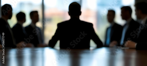 Silhouetted businesspeople sit around a large conference table during a meeting, viewed from behind the central figure.  The city skyline is visible through a large window