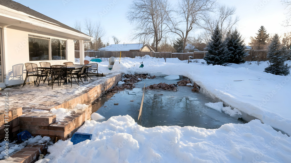 A frozen backyard pool partially covered in snow, next to a patio with furniture. The surrounding yard is also snow-covered, with trees and a house visible in the background. Winter scene A frozen backyard pool partially covered in snow, next to a patio with furniture. The surrounding yard is also snow-covered, with trees and a house visible in the background. Winter scene