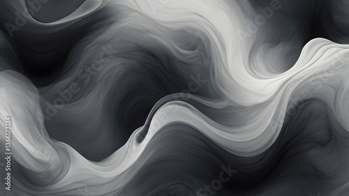 Abstract Fluid Waves in Black and White background Modern Flowing Texture with Soft Gradient and Smooth Swirling Patterns