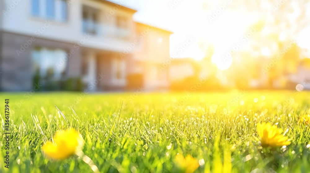 Fototapeta premium Lush green grass with bright yellow flowers in foreground, blurred modern house and sunlit background. Peaceful, idyllic spring or summer scene