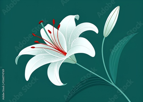 A stunning white lily with long, graceful petals and prominent stamens, isolated on a white background. The flower’s elegant curves and soft texture give it a pure and sophisticated look