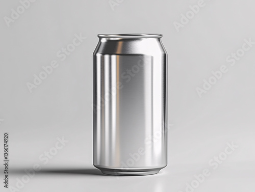 a silver aluminum can placed on a flat surface with a plain, light-colored background. The can has a smooth, reflective surface with subtle texture lines running vertically.