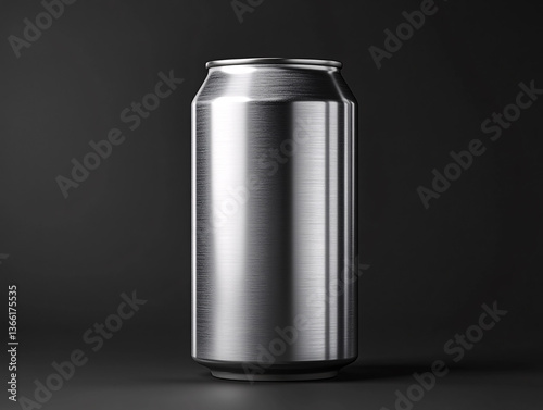 a silver aluminum can placed on a flat surface with a plain, light-colored background. The can has a smooth, reflective surface with subtle texture lines running vertically.