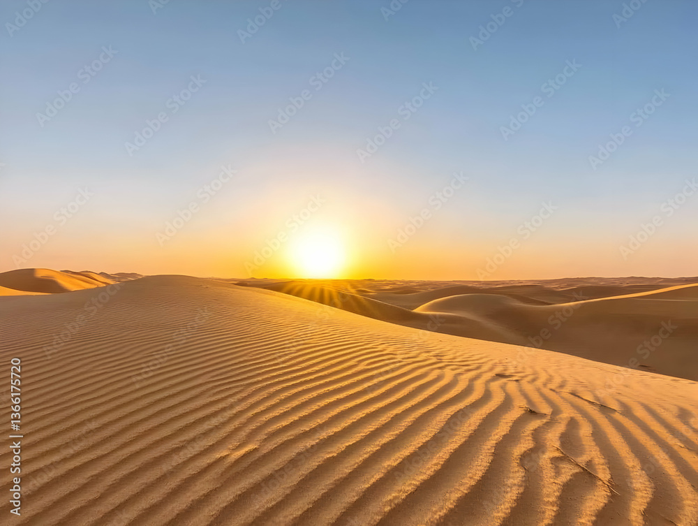 Naklejka premium Serene sunset over undulating sand dunes, casting long shadows and warm golden light across the desert landscape. The sun's rays create a breathtaking spectacle
