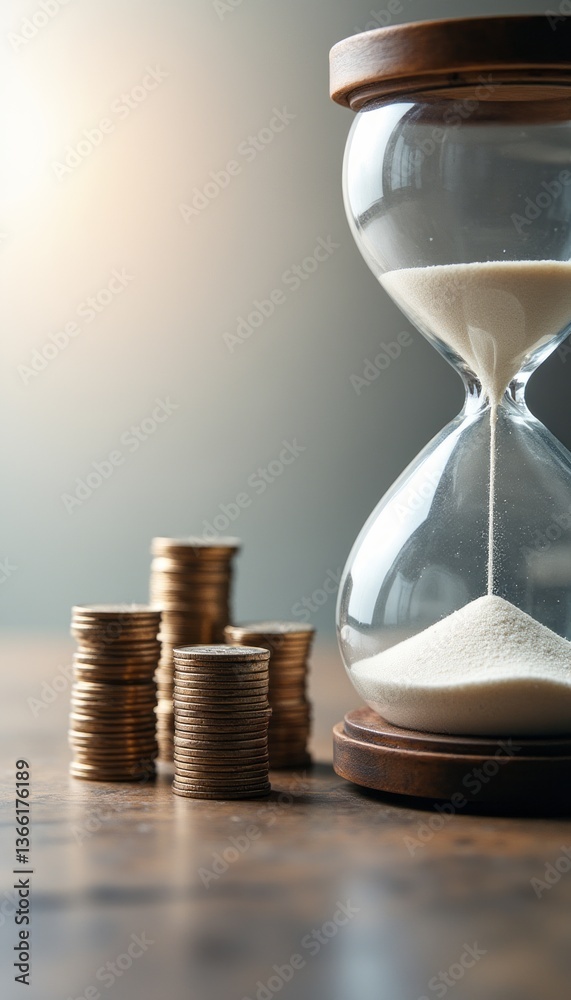 An elegant hourglass filled with fine sand stands beside neatly stacked coins, symbolizing the relationship between time and money. This striking image evokes a sense of urgency and reflection An elegant hourglass filled with fine sand stands beside neatly stacked coins, symbolizing the relationship between time and money. This striking image evokes a sense of urgency and reflection