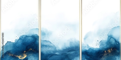 Collection of abstract dusty blue liquid watercolor background with golden stains and frame. Pastel marble alcohol ink drawing effect.  illustration design template for wedding