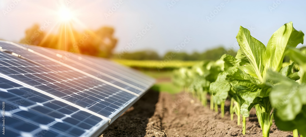 Fototapeta premium Sunlit solar panels rest beside vibrant, healthy crops in a sunny field, showcasing sustainable energy and agriculture